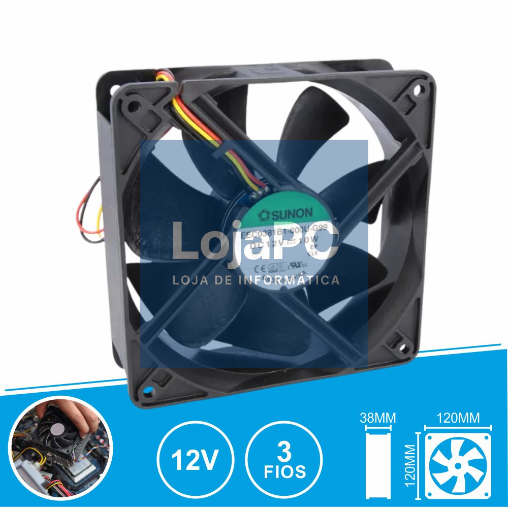 Ventoinha 12VDC 120x120x38mm 3 Fios EEC0381B1-000U-G99 SUNON