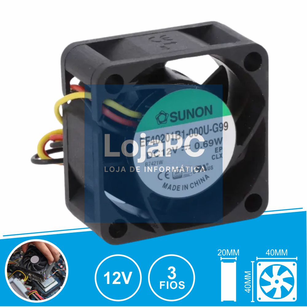 Ventoinha 12VDC 40x40x20mm 3 Fios EF40201B1-000U-G99 SUNON