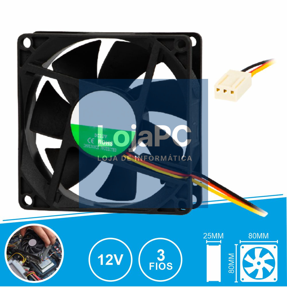 Ventoinha 12V 80x80x25mm 3 Fios