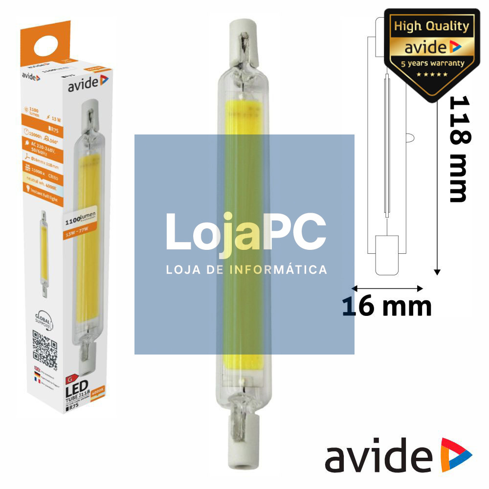 Lâmpada R7S 13W 230V LED COB 118mm 4000K AVIDE