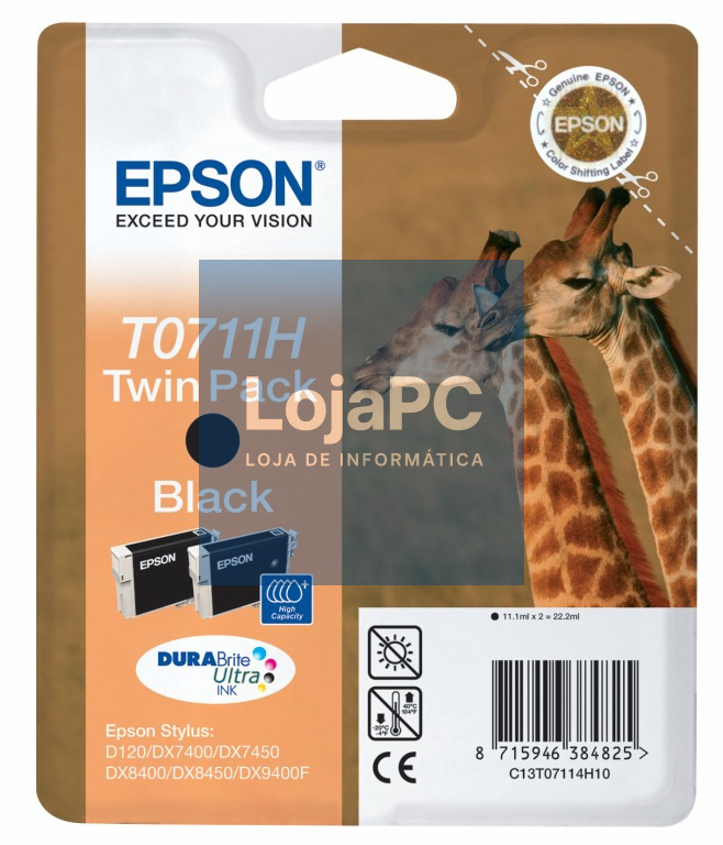 Tinteiro EPSON T0711H Preto Pack 2 - B40/110,BX3xx/600, D120, DX74xx/84xx/9400, SX2xx/4xx5/5xx/6xx