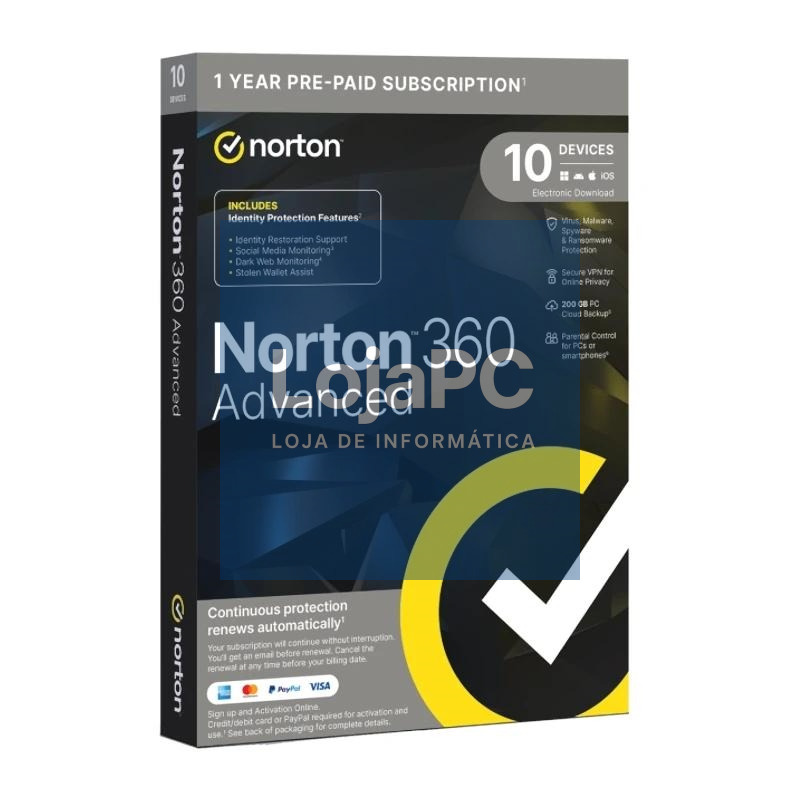 NORTON 360 Advance 200GB ES 1us 10 dispositivos 1A