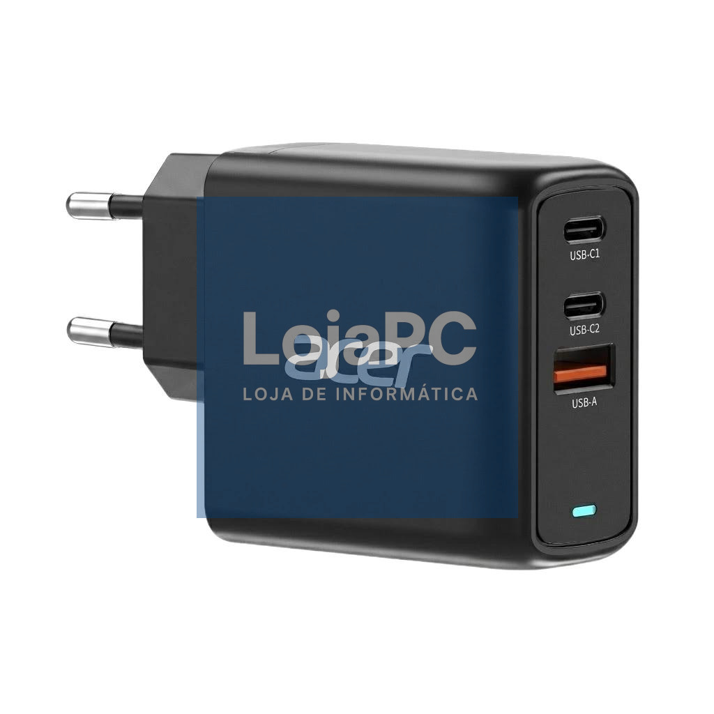 Acer 67W PD GaN Charger, 2 x USB C and 1 x USB A, EU Plug, 100W USB C cable, Black (Retail Pack)