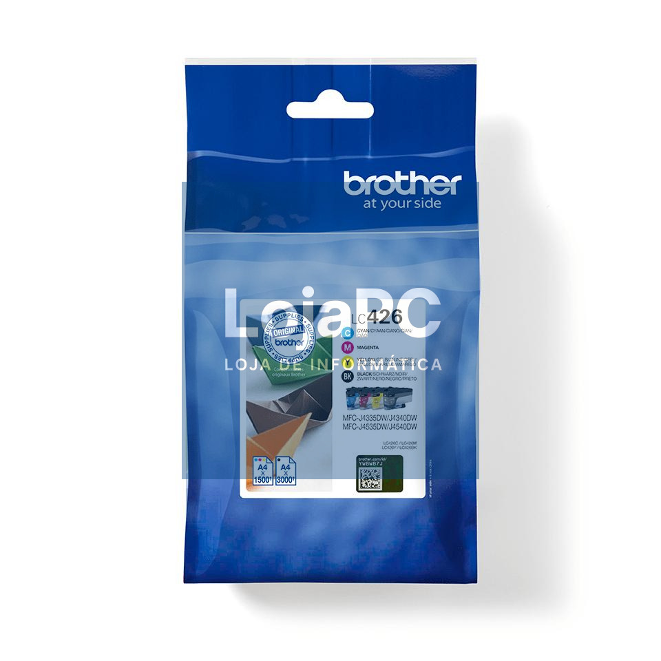 Brother Pack de 4 tinteiros: 1 x preto, 1 x cião, 1 x magenta e 1 x amarelo. Duração estimada: até 3.000 págs./preto e 1.500 págs./cada cor (segundo ISO/IEC 24711)