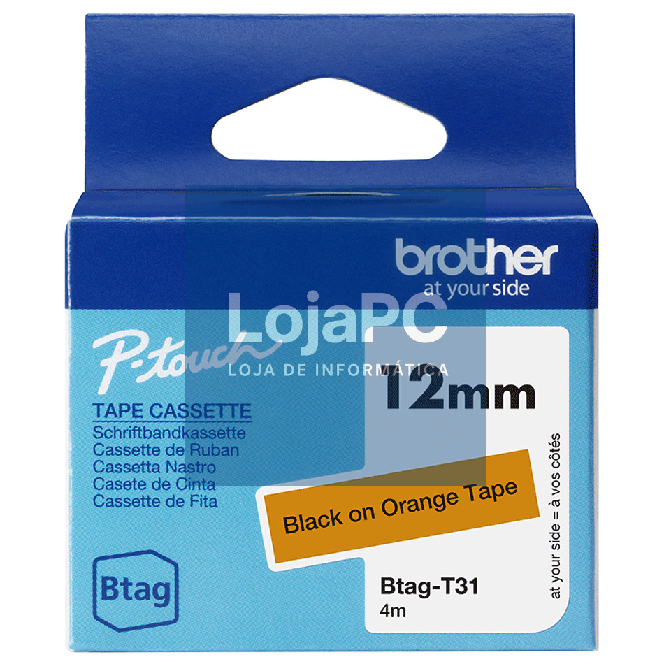 Brother Fita doméstica Btag T31 preto sobre laranja, Largura: 12 mm. Comprimento: 4 m