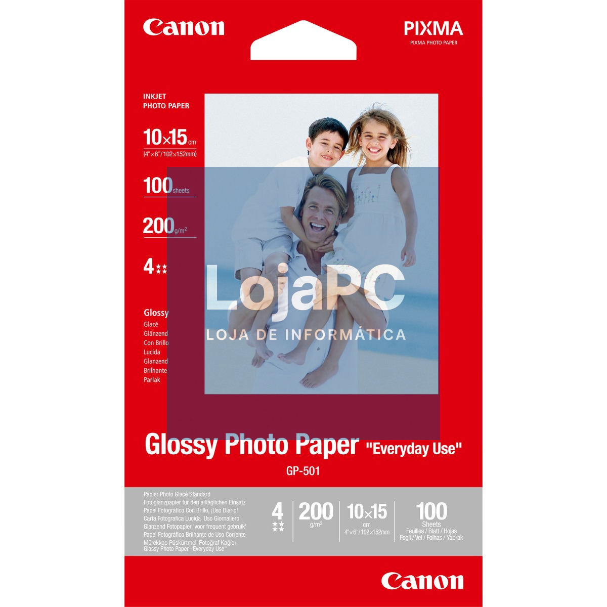Canon Papel Glossy Photo Paper "Everyday Use" 10x15 (4x6"), Cx.100 Folhas, 200Grs