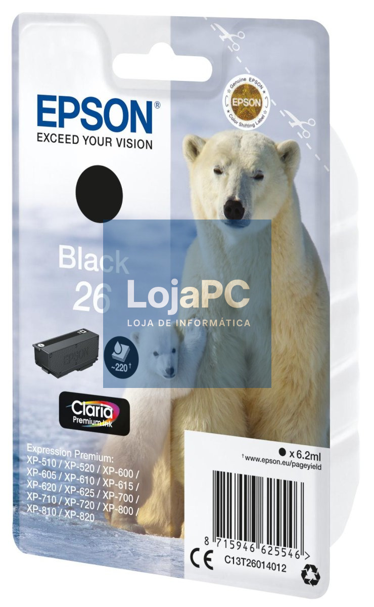 Epson Tinteiro Preto Série 26 Urso Polar Tinta Claria Premium (c/alarme RF+AM)