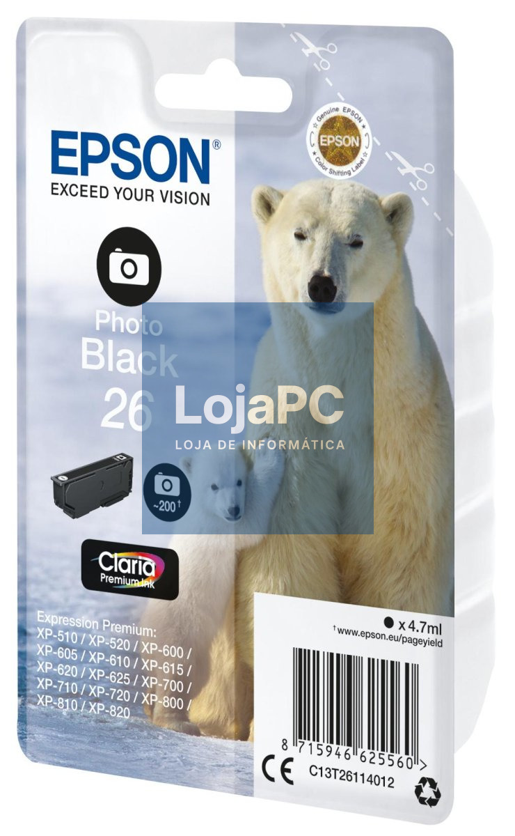 Epson Tinteiro Preto Foto Série 26 Urso Polar Tinta Claria Premium (c/alarme RF+AM)
