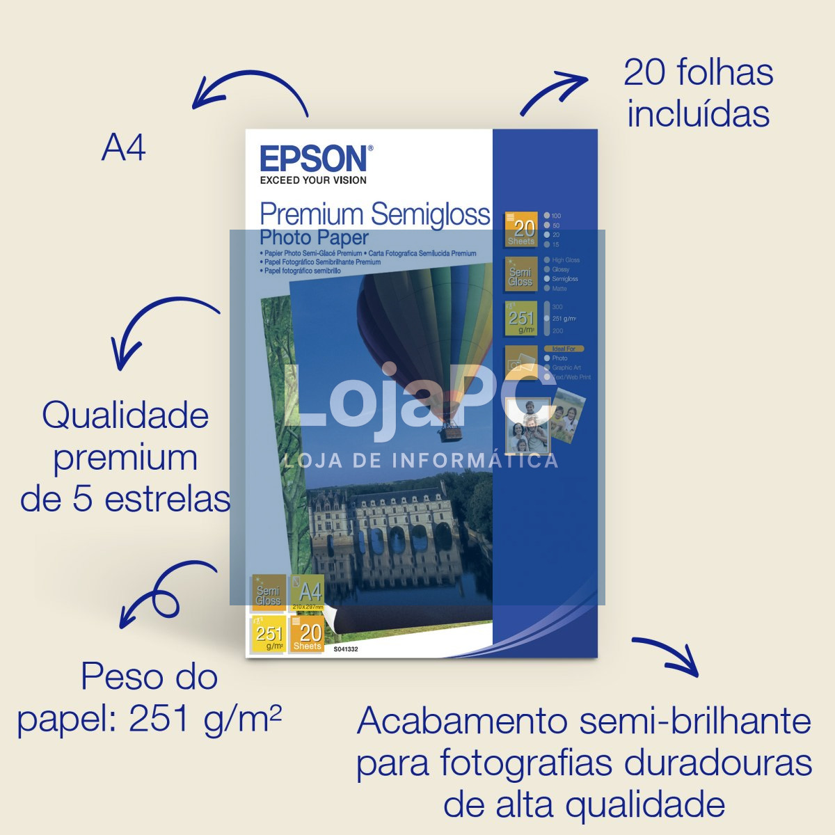Epson Papel Fotográfico Semi-Brilhante Premium A4 (20 folhas)