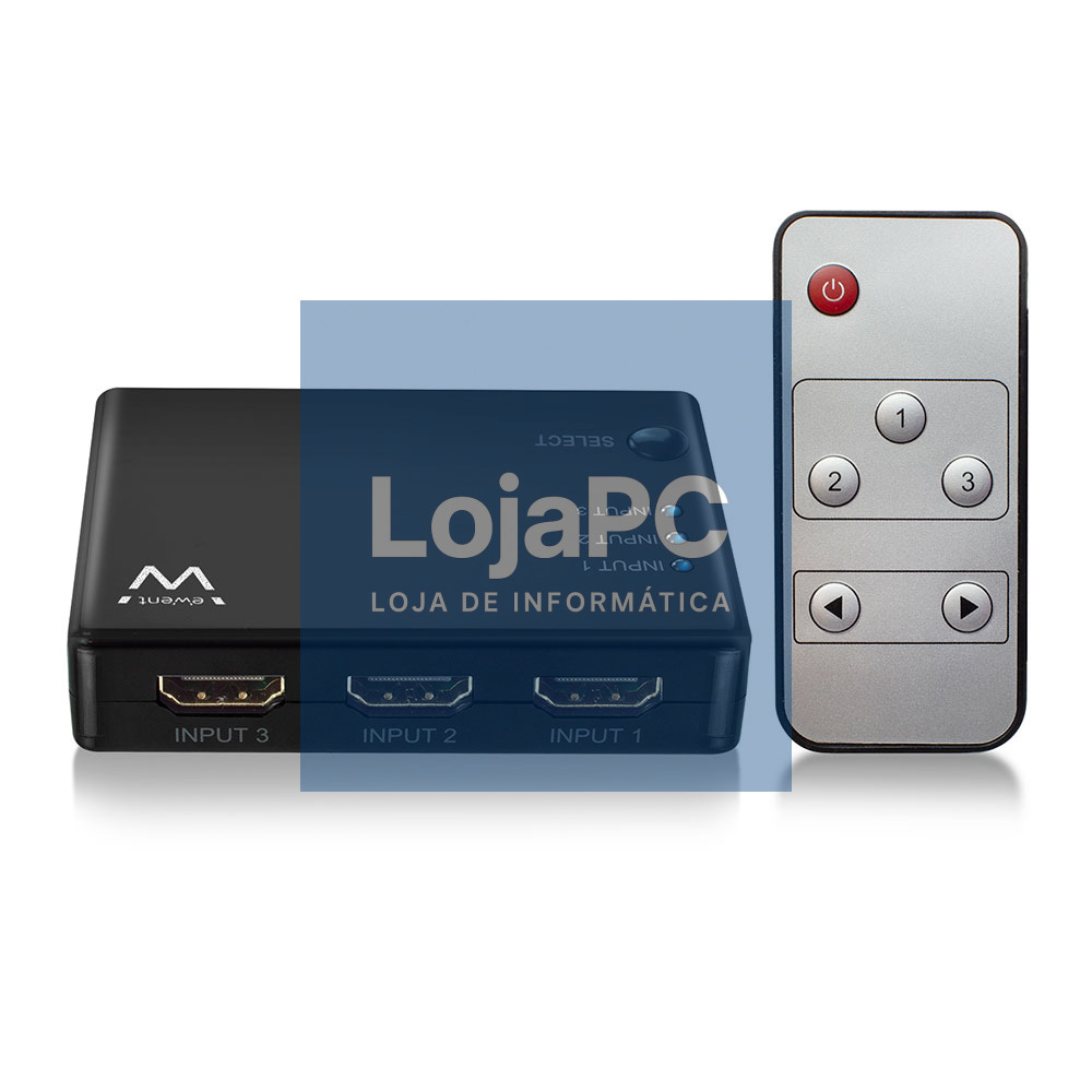 EWENT Switch HDMI 3 portas, 4K@30Hz, alimentação USB, comando incluido