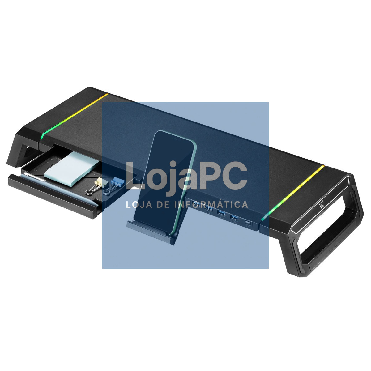 EWENT Suporte dobrável para monitor RGB com gaveta, suporte para smartphone e HUB de 4 portas USB 3.0