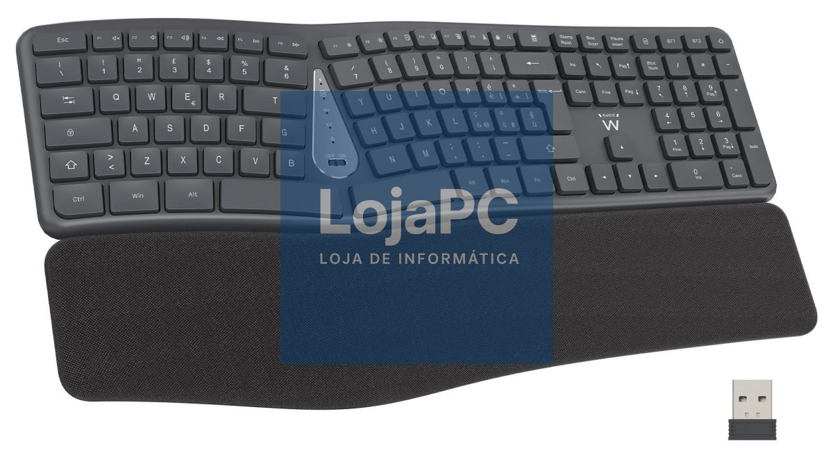 EWENT Teclado Ergonómico Bluetooth BT1 5.0 + BT2 3.0 Receptor USB A, bateria recarregável 300mAh Energy-saving 456x230x53.2mm, Layout PT