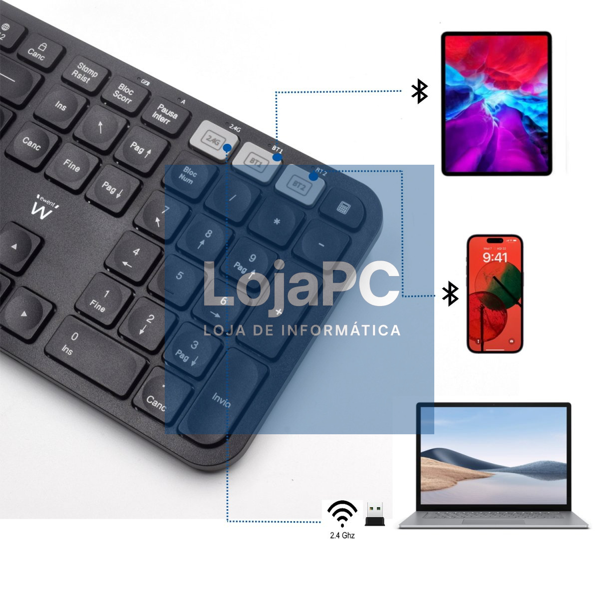 EWENT Teclado Wireless Bluetooth Multi-connect, Wireless 2.4Ghz e Bluetooth 3.0/5.0. Teclas LowProfile