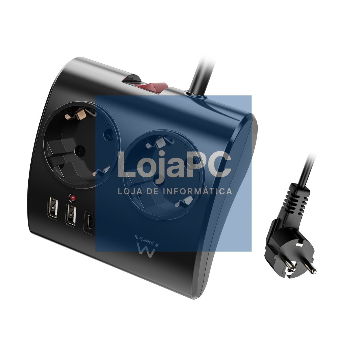 EWENT Tomada múltipla com 2 entradas + 2 x USB A e 1 x USB C16A Schuko plug, preta