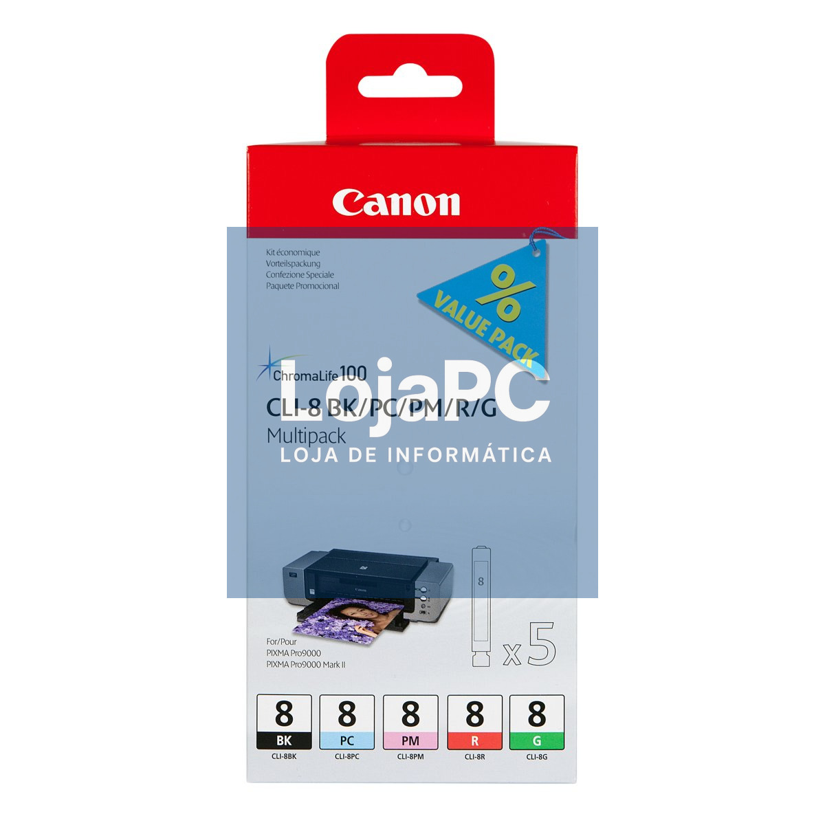 CANON CLI-8 BK PC PM R G ink cartridge black and four colour standard capacity combopack blister with alarm