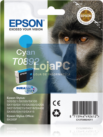 Tinteiro EPSON T0892 Ciano + Alarme RF - Stylus S2x, SX1xx/2xx/4xx & Stylus Office BX300F