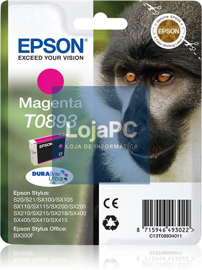 Tinteiro EPSON T0893 Magenta + Alarme RF - Stylus S2x, SX1xx/2xx/4xx & Stylus Office BX300F