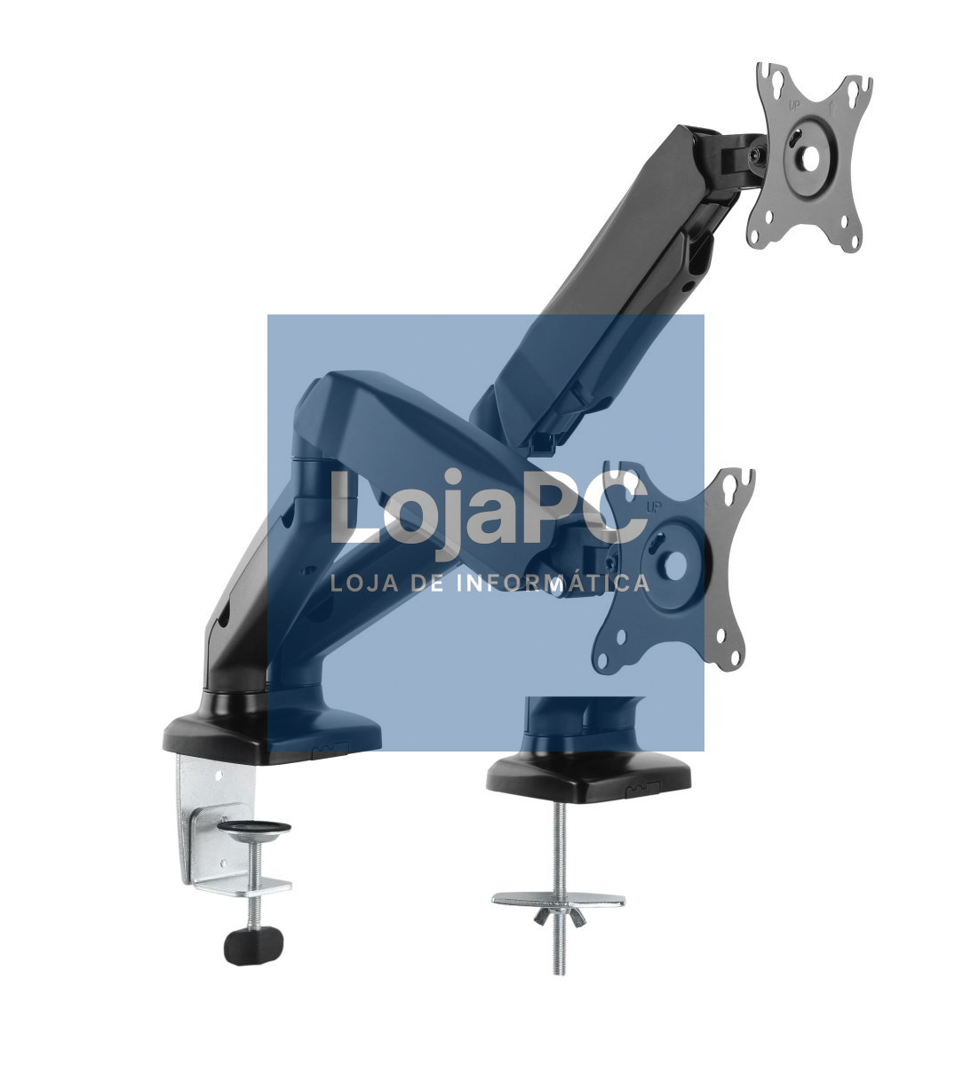 Napofix Suporte de Secretária para 2 Monitores 13" > 27" - VESA: 100x100, Peso max.: 6Kg + 6Kg, Tilt:+90º -45º/Swivel: +180º -180º, Rotação: 360º, Braço c/ Amortecedor a Gás Ajustável, Sist. de
