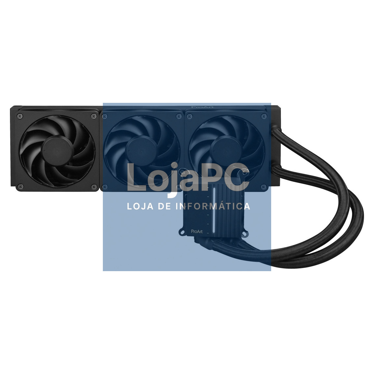 Asus ProArt LC 360 all-in-one CPU liquid cooler with illuminated system status meter and three matte black Alphacool Apex Stealth Metal Power fans