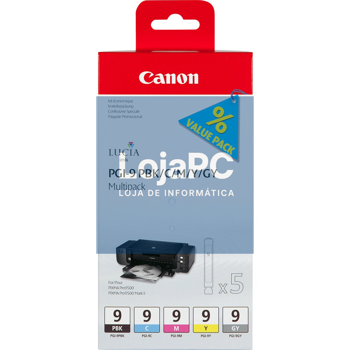 CANON 1LB PGI-9 PBK C M Y GY ink cartridge black and four colour standard capacity combopack blister with alarm