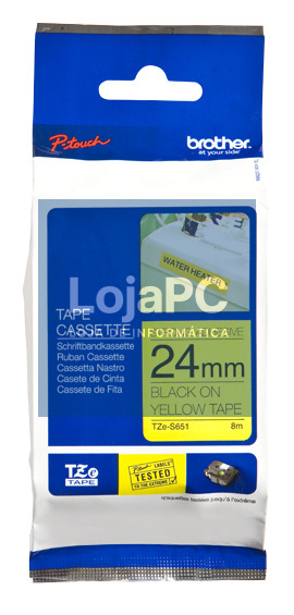 Brother Fita laminada super adesiva - Texto preto sobre fundo amarelo, Largura: 24mm, Comprimento: 8m
