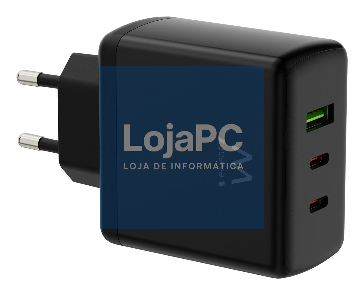 EWENT USB GAN AC charger 65W, 2xUSB-C 65W PD3.0 + 1xUSB-A QC3.0 x4protections COMPACT design black