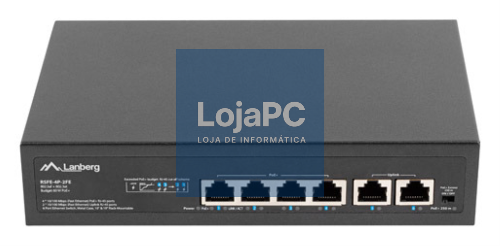Lanberg RSFE-4P-2FE-60 switch No administrado Fast Ethernet (10/100) Energia sobre Ethernet (PoE) 1U Preto