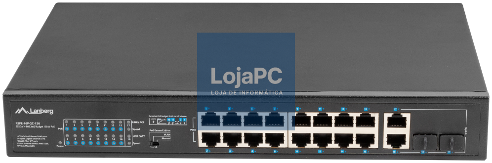 Lanberg RSFE-16P-2C-150 switch No administrado Gigabit Ethernet (10/100/1000) Energia sobre Ethernet (PoE) 1U Preto