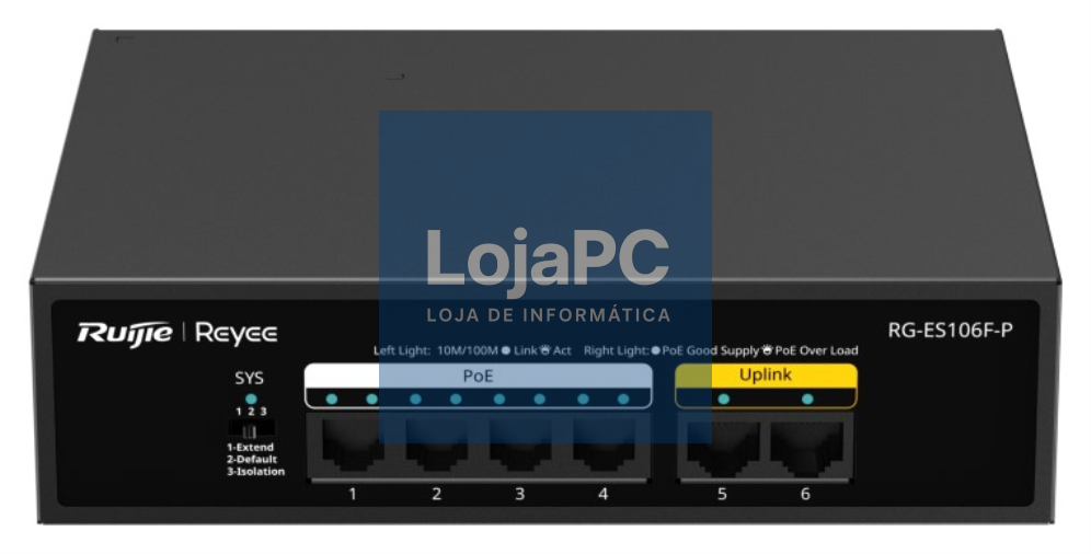 Ruijie Networks RG-ES106F-P switch No administrado L2 Fast Ethernet (10/100) Energia sobre Ethernet (PoE) Preto