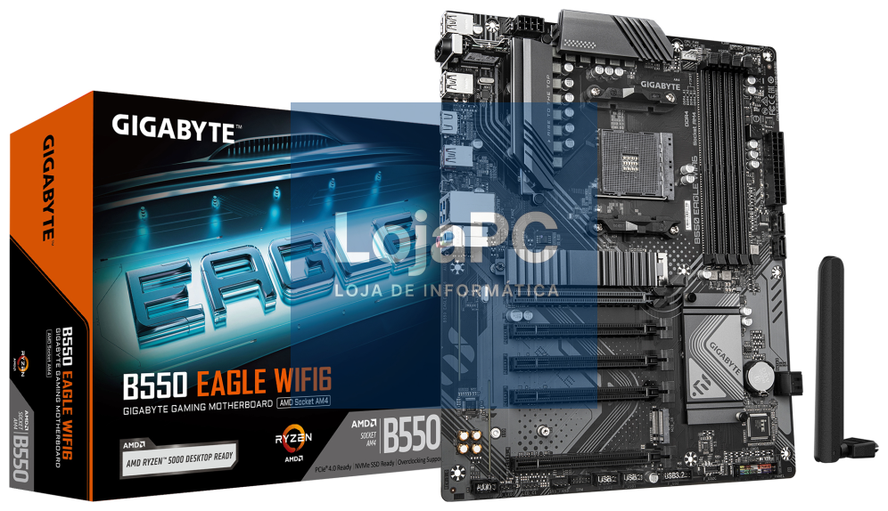GIGABYTE B550 EAGLE WIFI6 Placa-mãe - Processadores AMD Ryzen serie 5000 G, VRM de 10+3+1 fases, até 3200 MHz DDR4, 1xPCIe 4.0 + 1xPCIe 3.0 M.2, LAN 1GbE, WIFI 6, USB 3.2 Gen 2