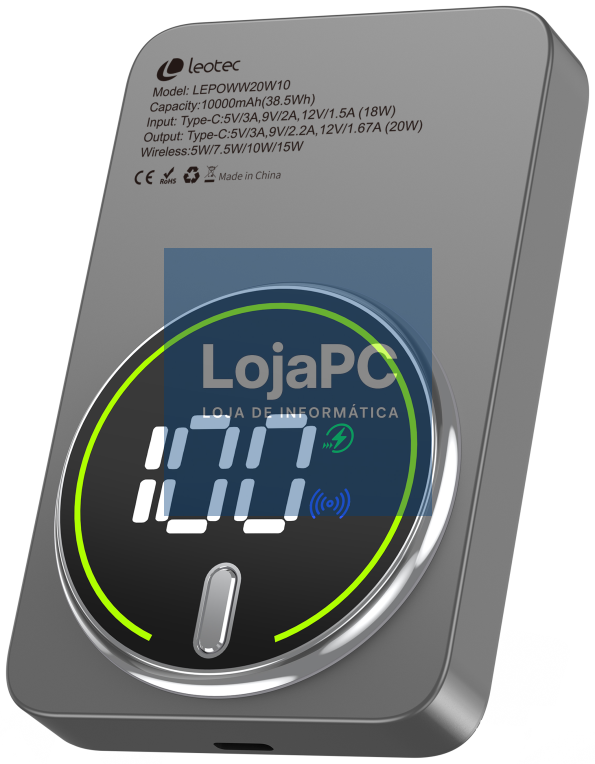 Leotec Power Bank sem fios 10000mAh 20W Cinzento