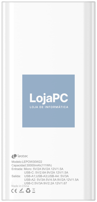 Leotec LEPOW30W22W powerbank Polímero de lítio 30000 mAh Branco