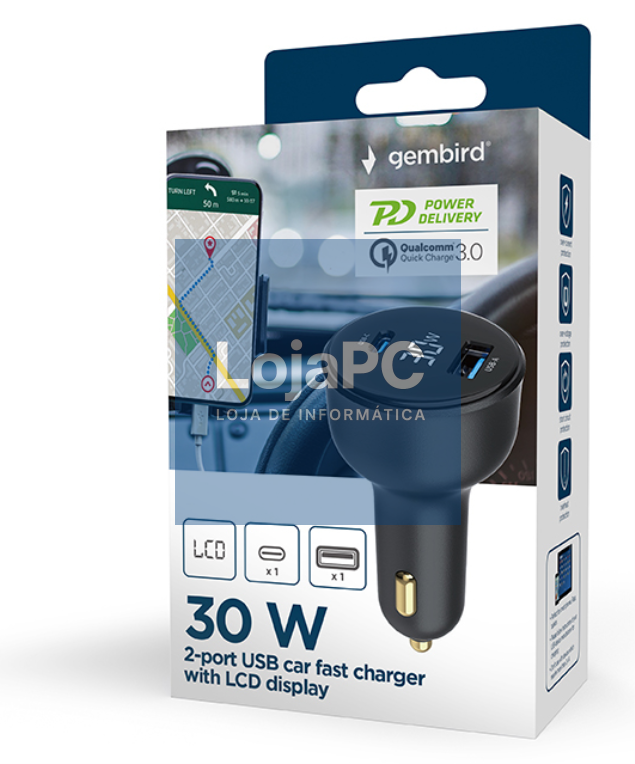 Gembird TA-UC-AC2PD30LCD-CAR-01 carregador de dispositivo telemóvel Universal Preto Encendedor de cigarrillos Carga rápida Auto