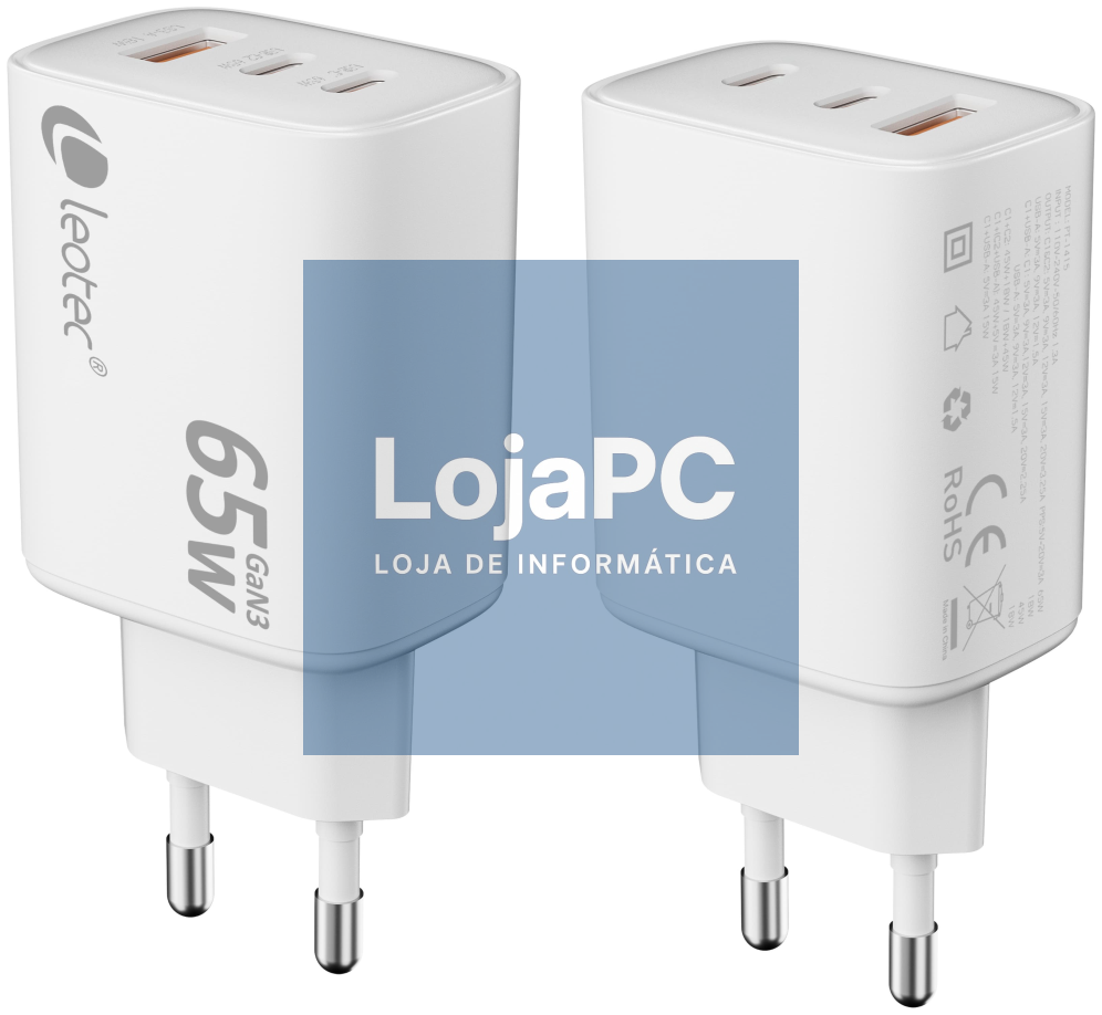 Leotec CARREGADOR UNIVERSAL 65W GAN ULTRA SLIM 2 USB C PD+1 USB A BRANCO