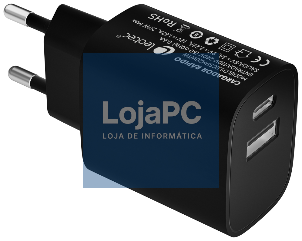 Leotec Carregador 20W 1xUSB-C PD + 1x USB-A Preto