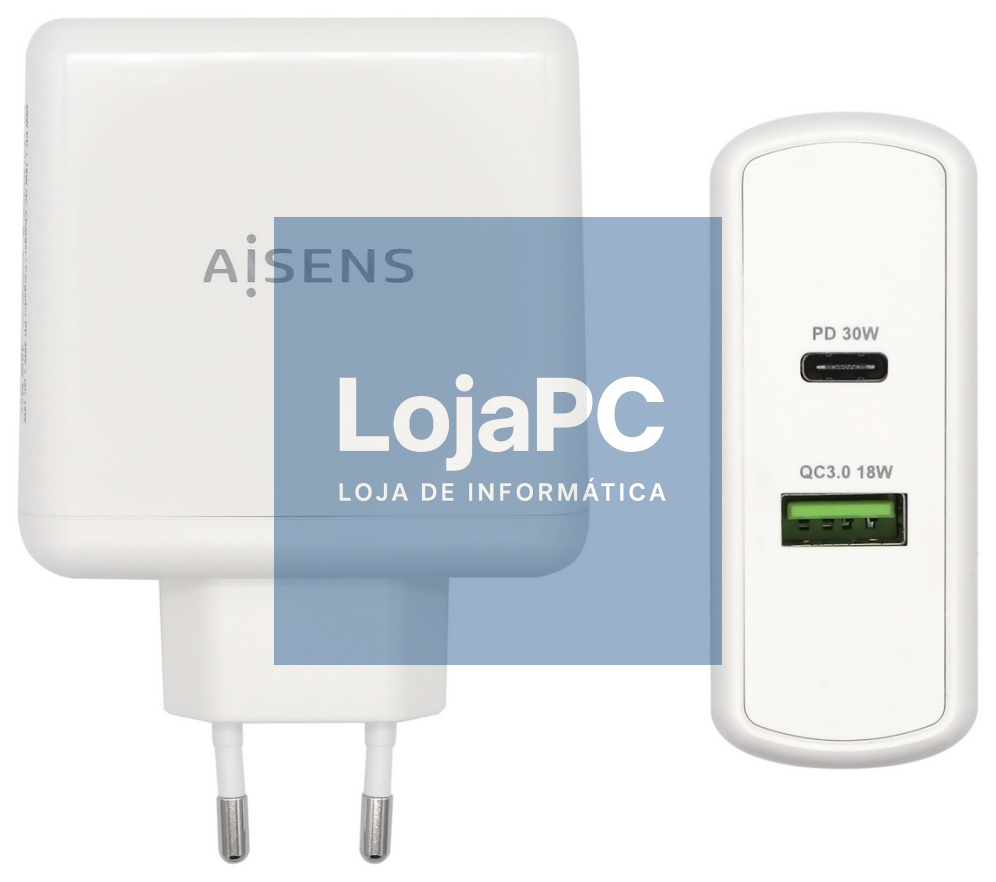 AISENS Carregador 48 W, 1x USB-C PD3.0 30 W, 1x USB-A QC3.0 18 W, Branco