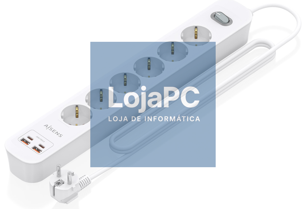 AISENS Extensão eléctrica Multifuncion com 6 Tomadas + Carregador PD3.0 20W 2xUSB-C, 2xUSB-A, 1.4m, Branco