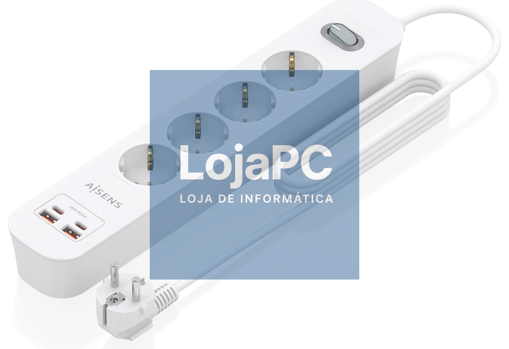 AISENS Extensão eléctrica Multifuncion com 4 Tomadas + Carregador PD3.0 20W 2xUSB-C, 2xUSB-A, 1.4m, Branco
