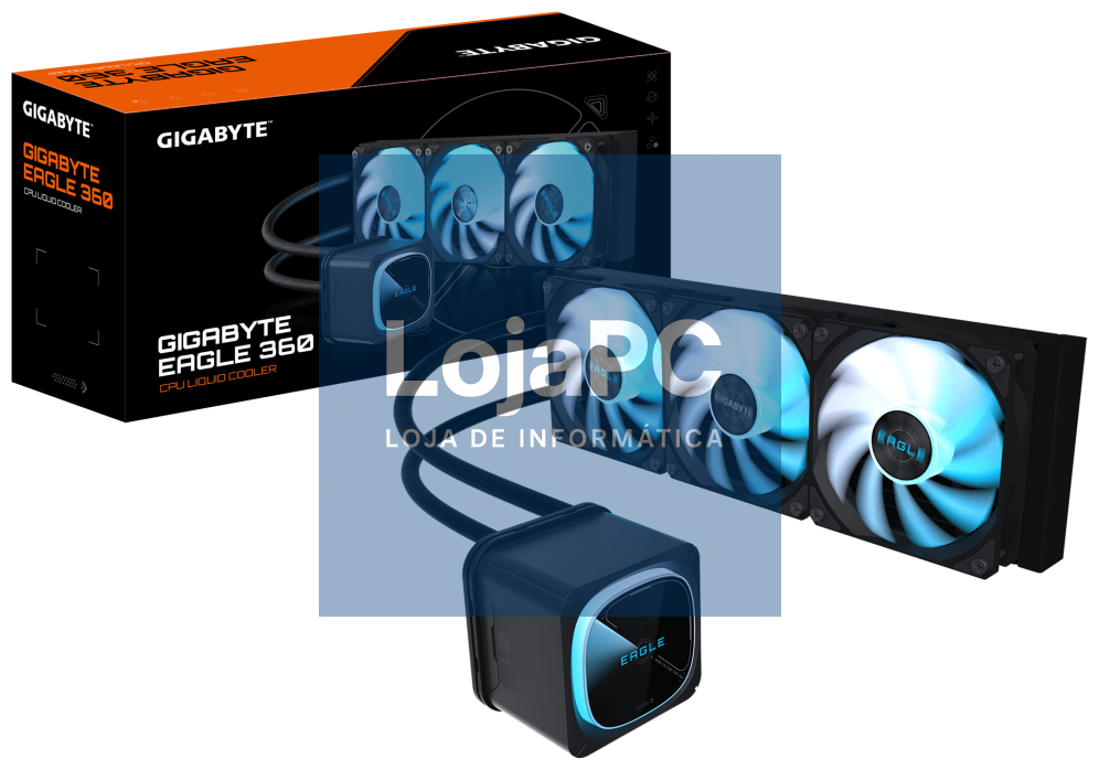 GIGABYTE EAGLE 360 Refrigeração líquida para CPU - 3x120mm Ventoinhas ARGB, ecrã LCD a cor, DAISY-CHAIN, Compatível com Intel LGA 1851 y AMD AM5