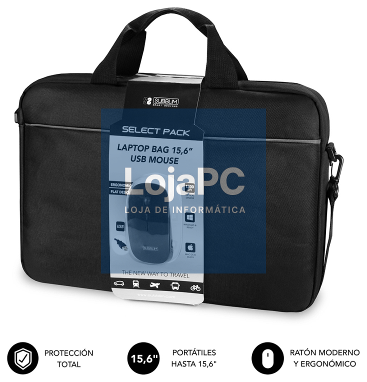 SUBBLIM Mala com Rato Select Pack Wired Mouse USB + Laptop bag 15,6"