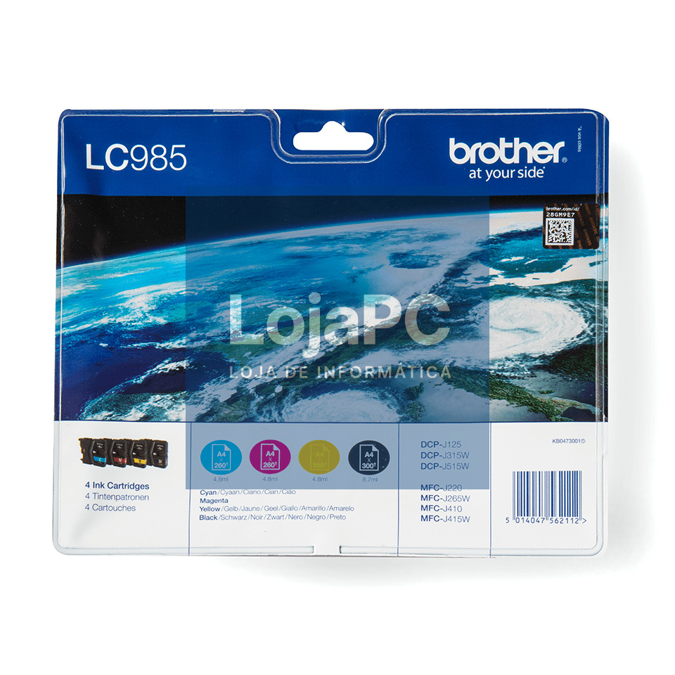 Tinteiro BROTHER LC985VVALBP Pack 4 Cores - DCP-J125/315W/515W, MFC-J220/265W/415W