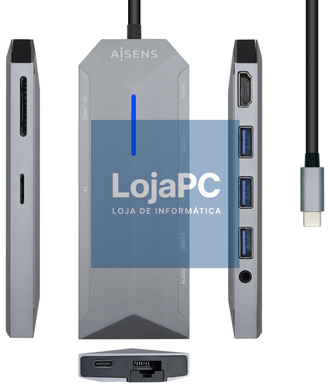 AISENS USB-C Dock 9 en 1, USB-C a 1x HDMI, 1xRJ45, 3x USB, 1x PD, 1x Audio, 1x SD, 1x Micro SD, Cinzento, 15 cm
