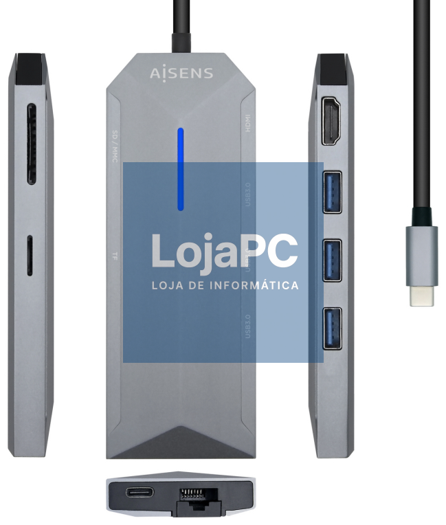 AISENS USB-C dock 8 en 1, USB-C a 1xHDMI, 1xRJ45, 3xUSB, 1xPD, 1xSD, 1xMicroSD, Cinzento, 15 cm