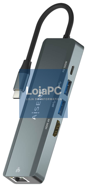 AISENS USB-C Dock 5 en 1, USB-C a 1xHDMI, 1xRJ45, 2xUSB, 1xPD, Cinzento, 15 cm