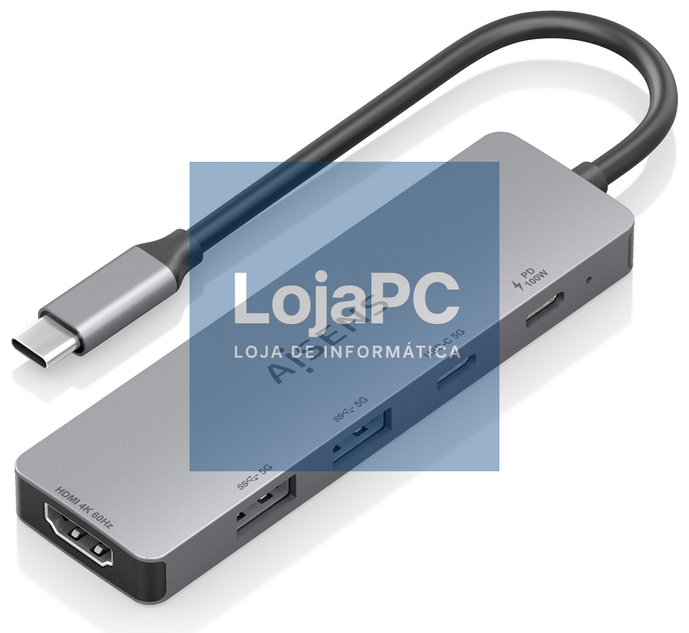 AISENS USB-C Dock 5 en 1, USB-C a 1xHDMI 2xUSB-A 1xUSB-C 1xUSB-C PD, Cinzento, 15cm