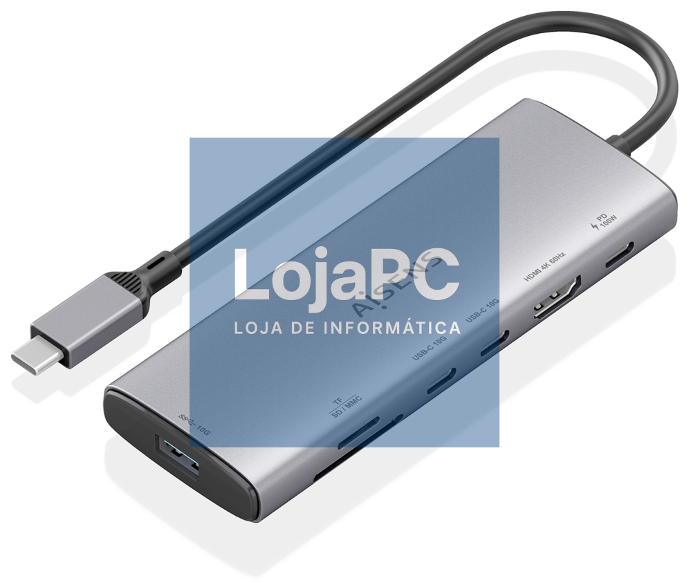 AISENS USB-C Dock 7 en 1, USB-C a 1xHDMI, 1xUSB-A 10G, 2xUSB-C 10G, 1xSD, 1xMicroSD, 1xUSB-C PD 100W, Cinzento, 20cm