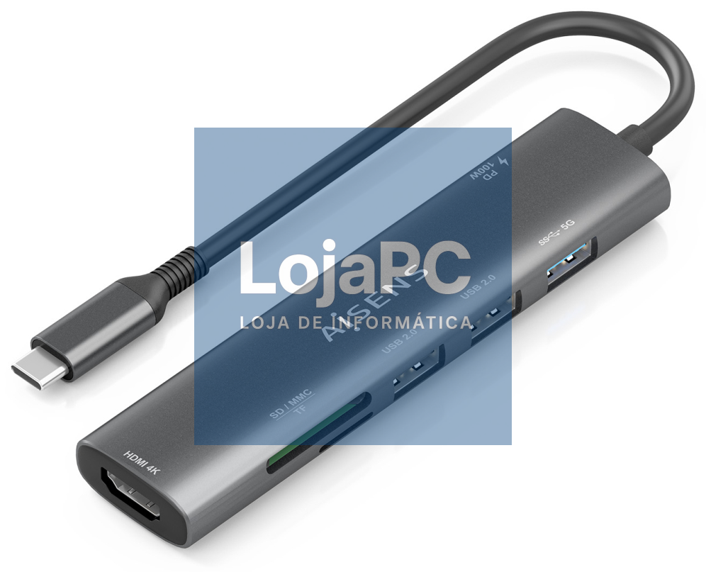 AISENS USB-C Dock 7 en 1, USB-C A, 1x HDMI, 2x USB-A USB2.0, 1x USB-A USB3.0, 1x USB-C PD 100W, 1x SD, 1x MicroSD, Cinzento, 15cm