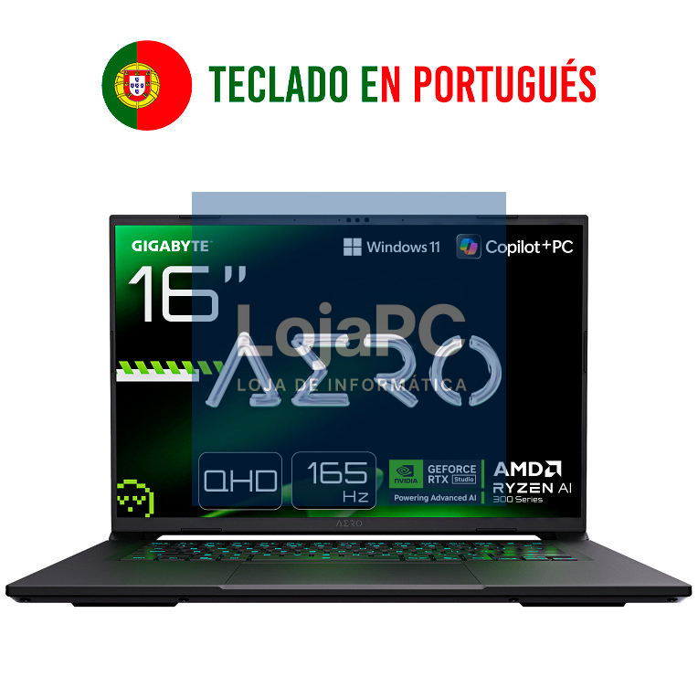 GIGABYTE AERO X16 1VH93PTC94AH computador portátil AMD Ryzen AI 7 350 Portátil 40,6 cm (16") WQXGA 16 GB DDR5-SDRAM 1 TB SSD NVIDIA GeForce RTX 5060 Wi-Fi 6E (802.11ax) Windows 11 Home Portugués Cinzento