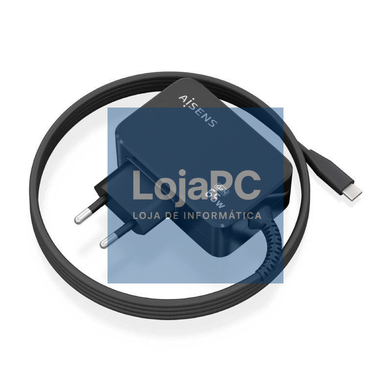 Carregador de Portátil GaN Aisens ASCH-1PD65WL033-BK/ 1xUSB Tipo-C + Cabo 1.8m/ 65W/ Automático/ Voltaje 5-20V