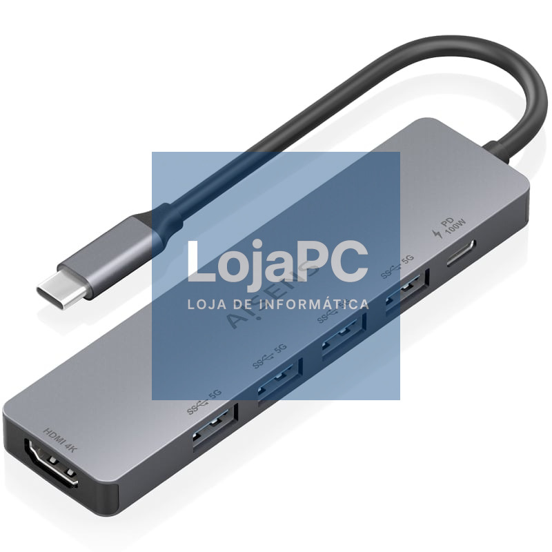 Docking USB Tipo-C Aisens ASUC-6P047-GR/ 1xHDMI 4K/ 4xUSB/ 1xUSB Tipo-C PD/ Cinzento